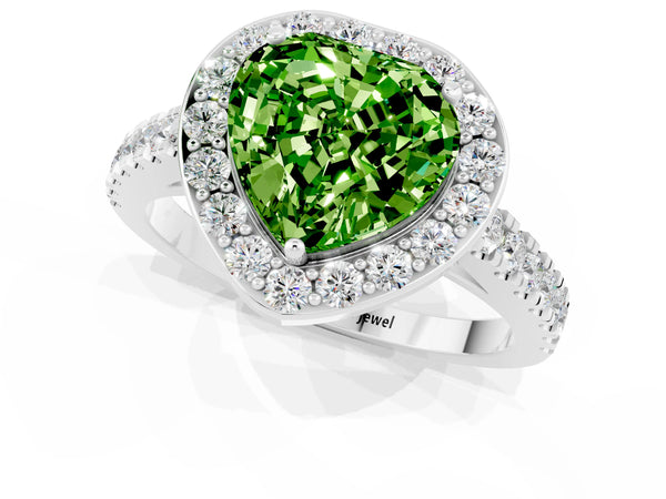 Platinum Heart Cut Halo Diamond Ring with Pavé Band and Three-Prong Setting