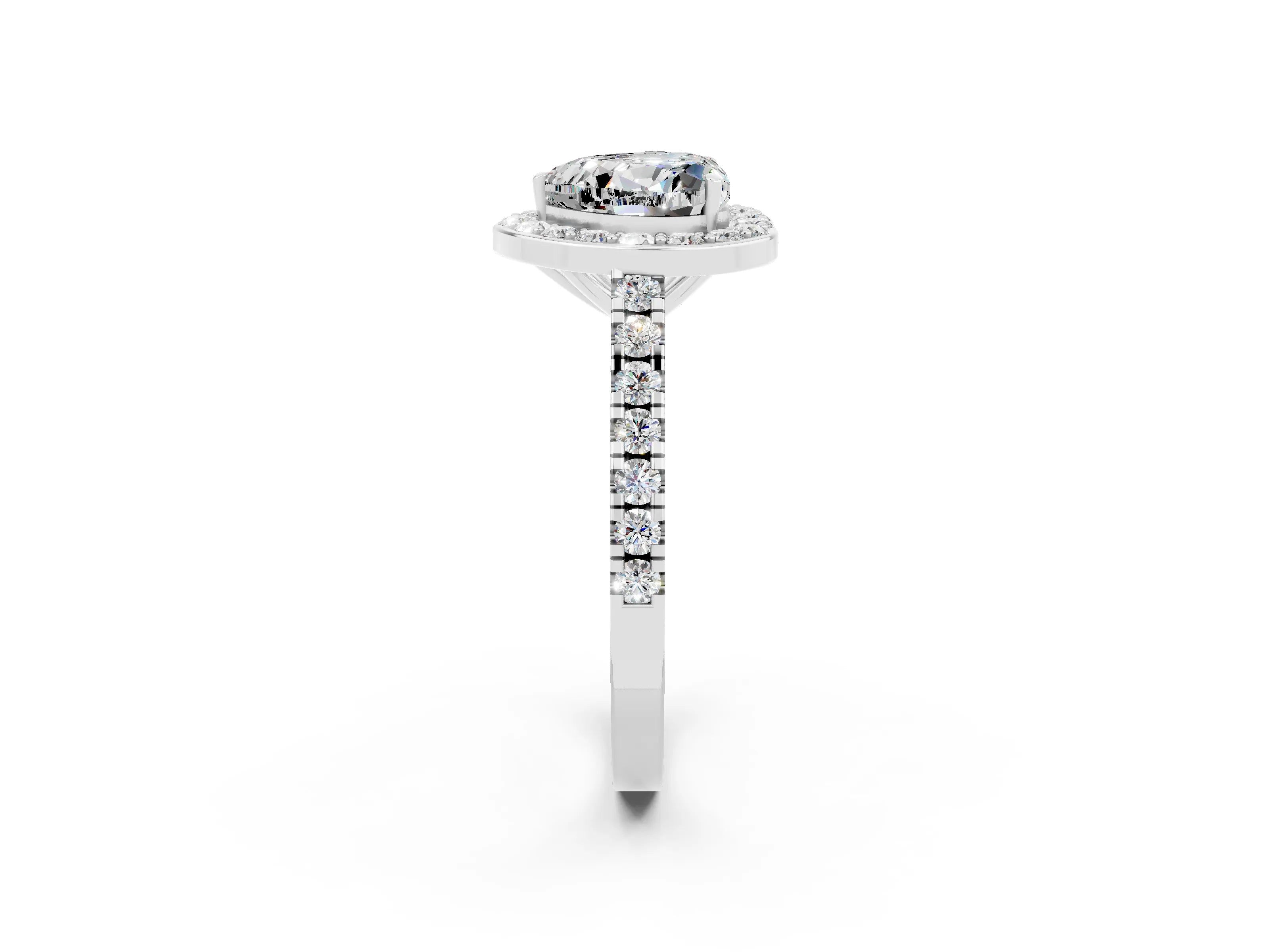 White gold Heart Cut Halo Diamond Ring with Pavé Band and Three-Prong Setting_2