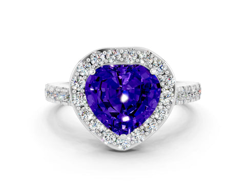 White gold Heart Cut Halo Diamond Ring with Pavé Band and Three-Prong Setting