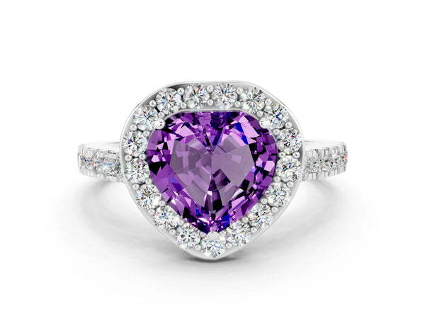 Silver Heart Cut Amethyst Halo Ring with Round Pavé Split Shank and Prong Setting