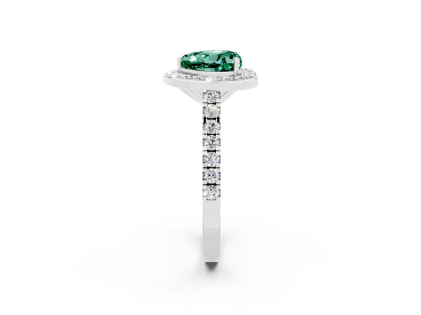 White gold Heart Cut Green Sapphire Halo Ring with Round Pavé Split Shank and Prong Setting