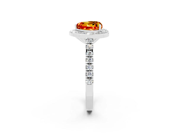 Platinum Heart Cut Citrine Halo Ring with Round Pavé Split Shank and Prong Setting