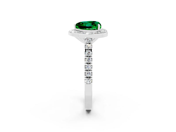 White gold Heart Cut Emerald Halo Ring with Round Pavé Split Shank and Prong Setting