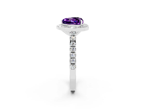 Platinum Heart Cut Amethyst Halo Ring with Round Pavé Split Shank and Prong Setting