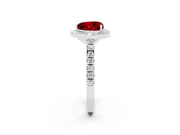 Platinum Heart Cut Ruby Halo Ring with Round Pavé Split Shank and Prong Setting
