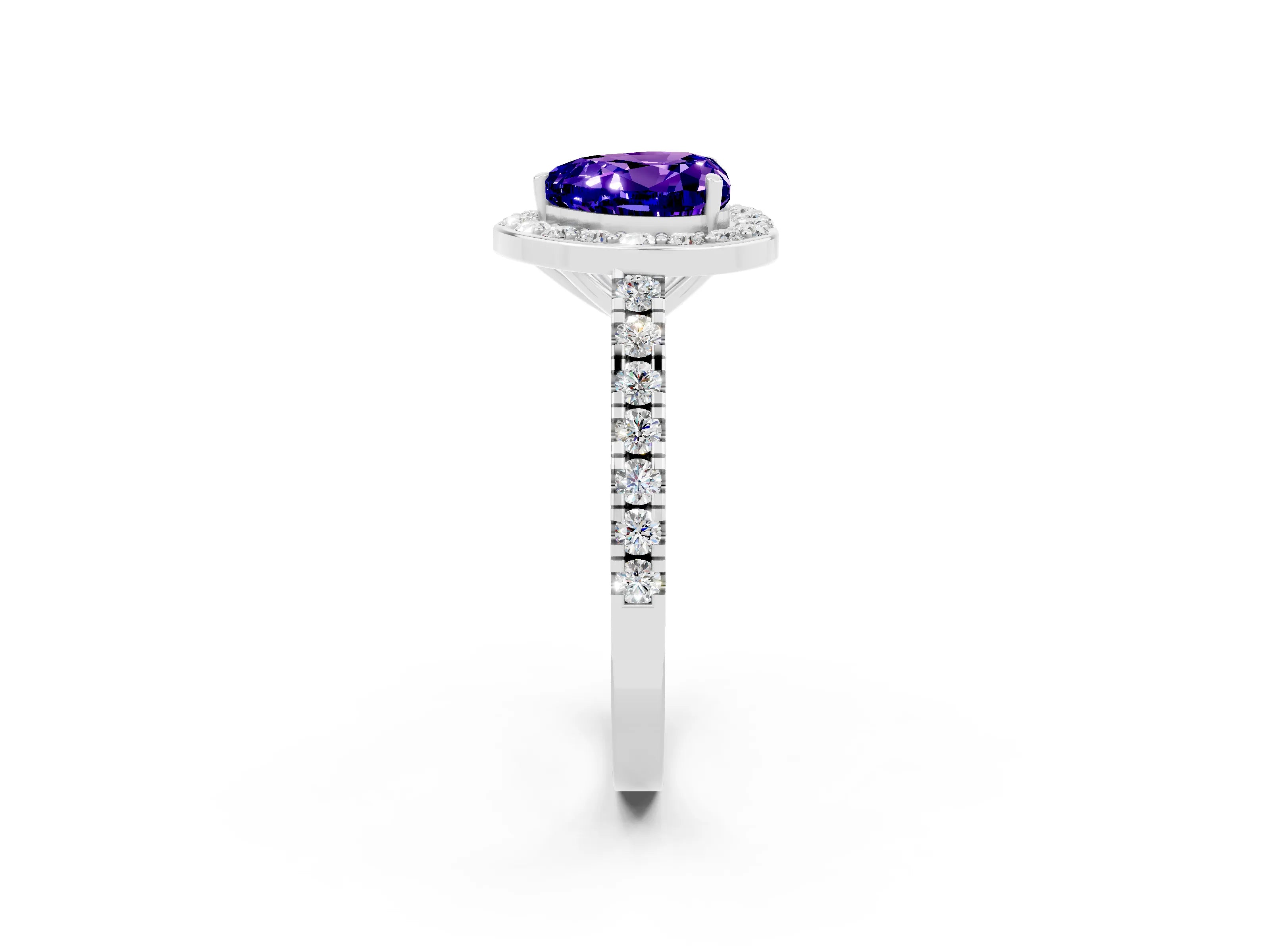 White gold Heart Cut Halo Diamond Ring with Pavé Band and Three-Prong Setting_2