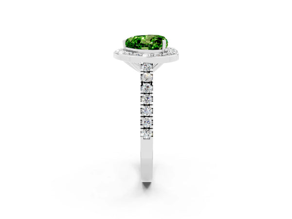 Platinum Heart Cut Halo Diamond Ring with Pavé Band and Three-Prong Setting