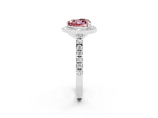 Platinum Heart Cut Halo Diamond Ring with Pavé Band and Three-Prong Setting