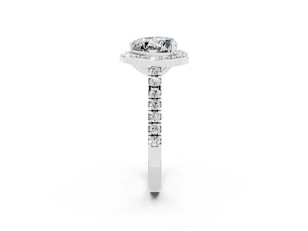 White gold Heart Cut Moissanite Halo Ring with Round Pavé Split Shank and Prong Setting
