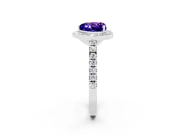 Silver Heart Cut Tanzanite Halo Ring with Round Pavé Split Shank and Prong Setting