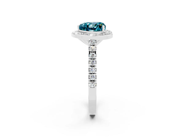 White gold Heart Cut Halo Diamond Ring with Pavé Band and Three-Prong Setting