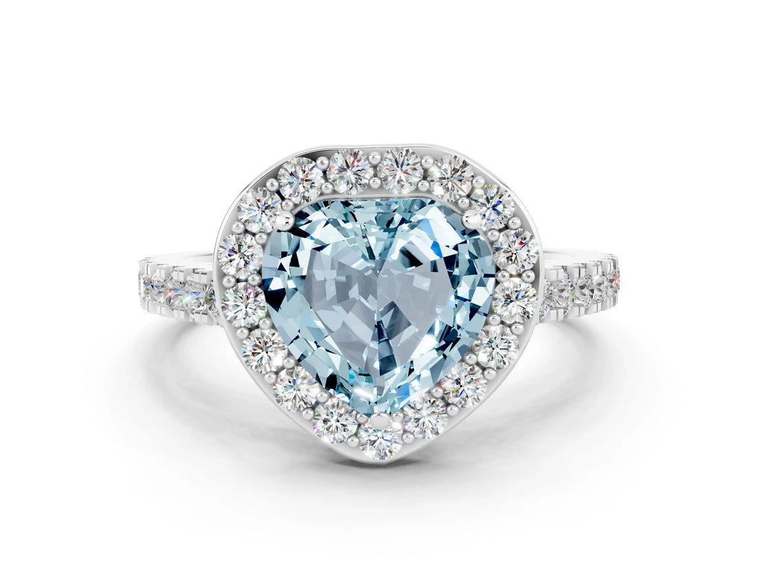 White gold Heart Cut Halo Diamond Ring with Pavé Band and Three-Prong Setting