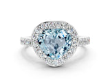 White gold Heart Cut Halo Diamond Ring with Pavé Band and Three-Prong Setting