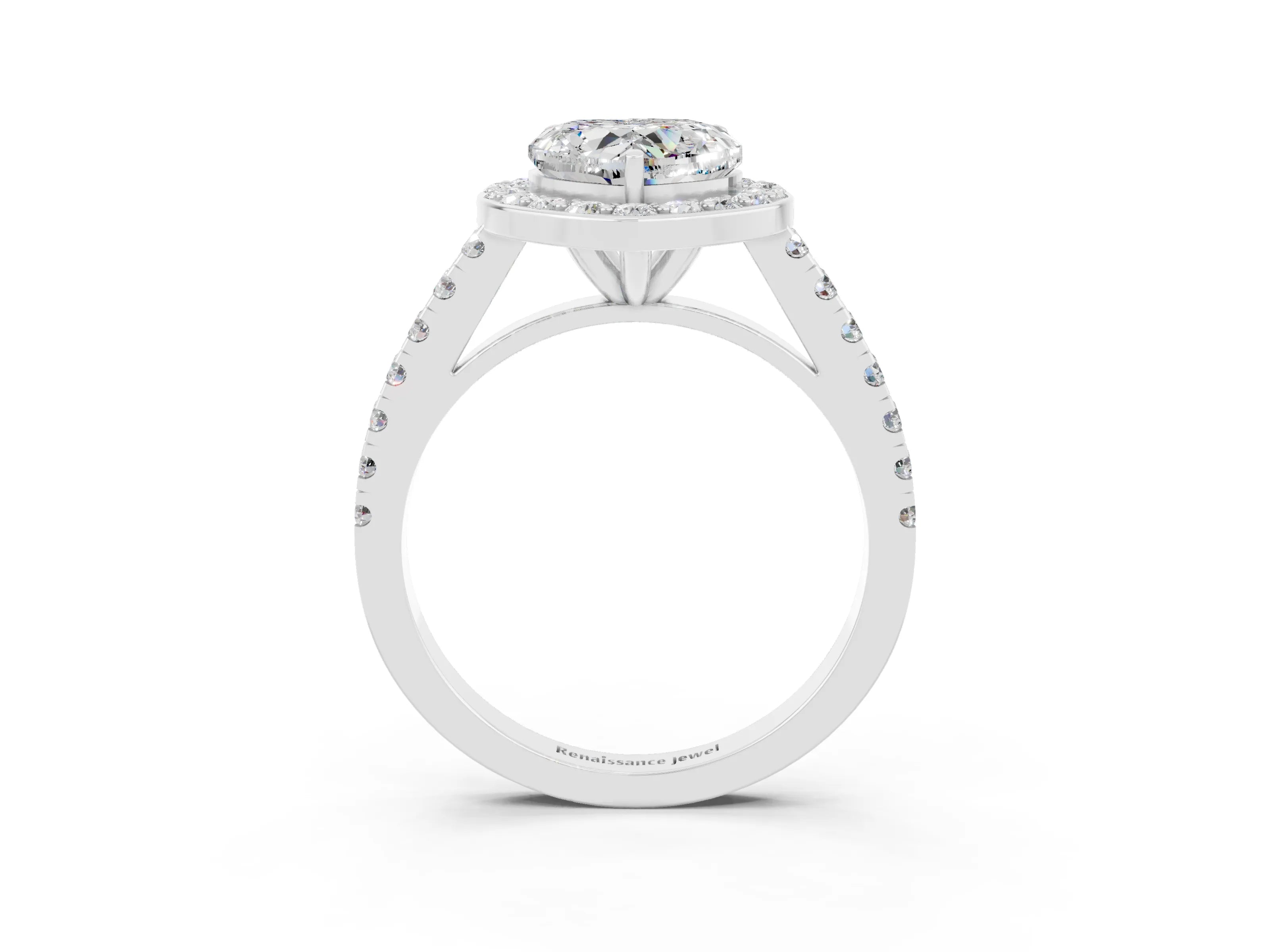 White gold Heart Cut Halo Diamond Ring with Pavé Band and Three-Prong Setting_3