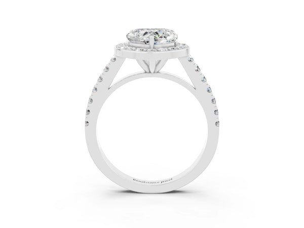 Platinum Heart Cut Moissanite Halo Ring with Round Pavé Split Shank and Prong Setting
