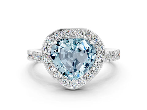 White gold Heart Cut Halo Diamond Ring with Pavé Band and Three-Prong Setting