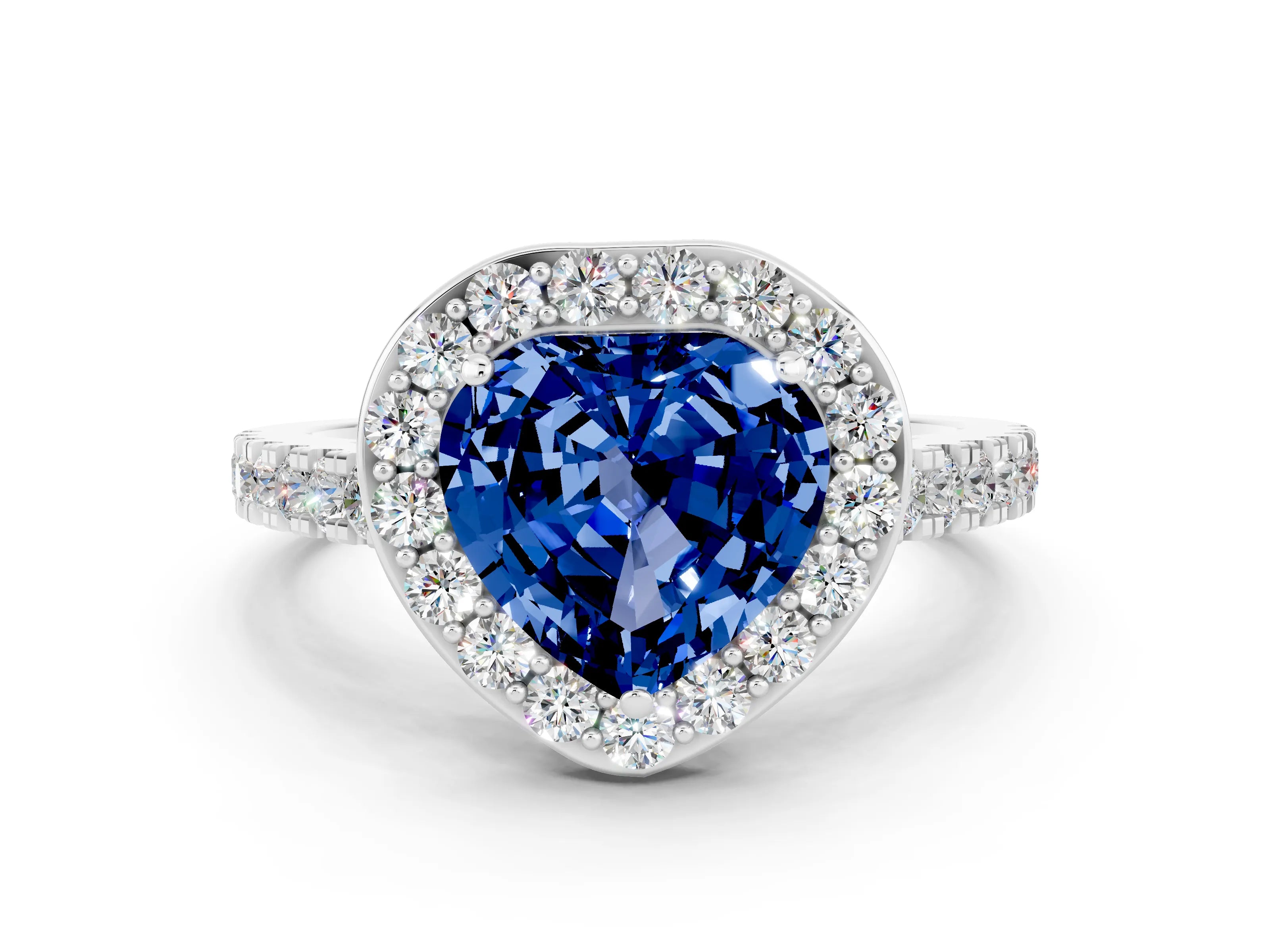 White gold Heart Cut Halo Diamond Ring with Pavé Band and Three-Prong Setting
