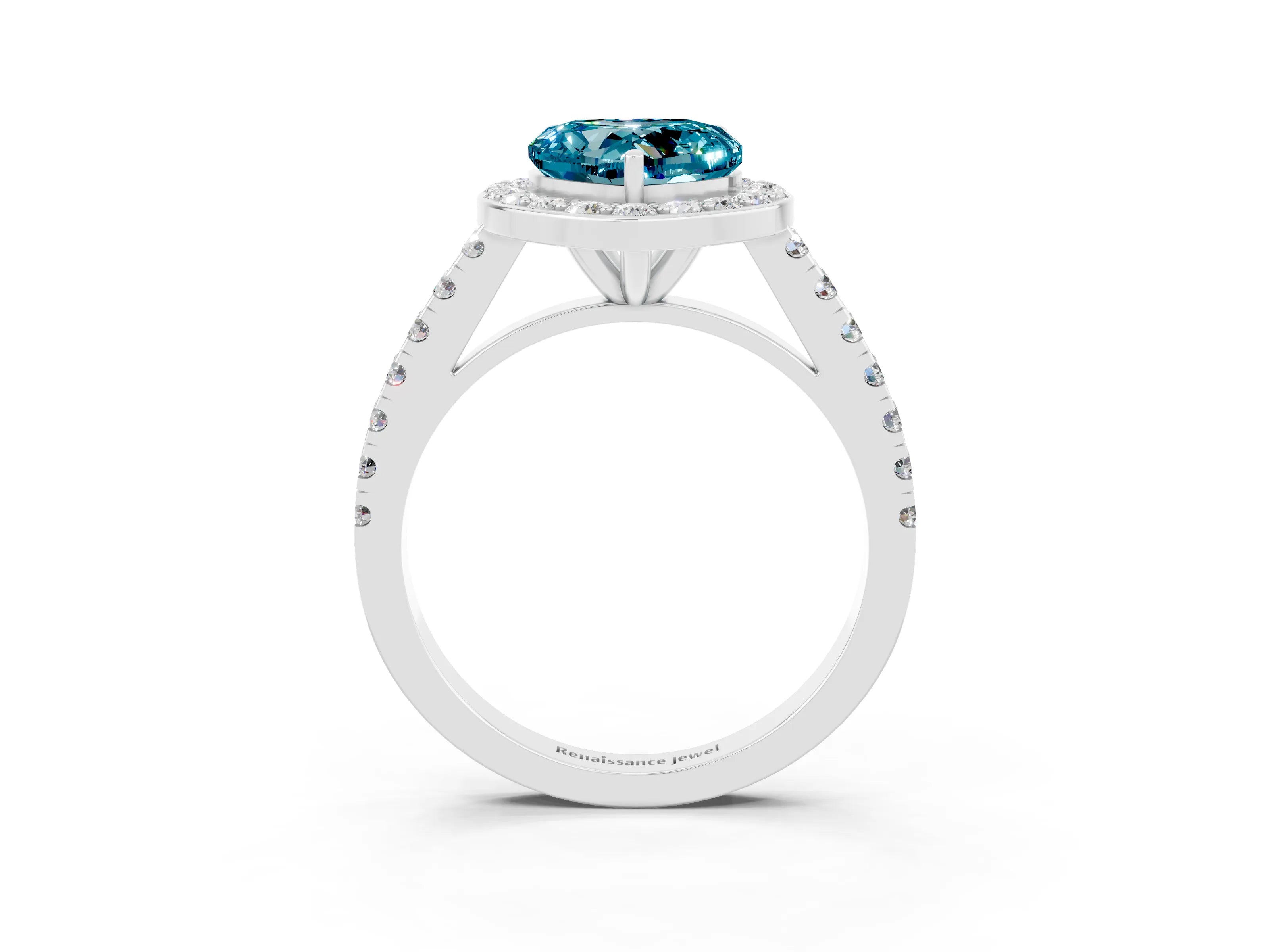 White gold Heart Cut Halo Diamond Ring with Pavé Band and Three-Prong Setting_3
