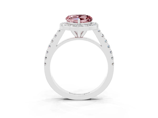 White gold Heart Cut Halo Diamond Ring with Pavé Band and Three-Prong Setting