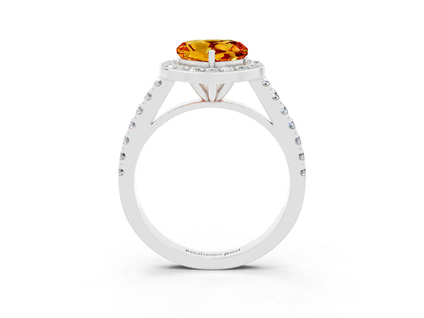 Platinum Heart Cut Citrine Halo Ring with Round Pavé Split Shank and Prong Setting