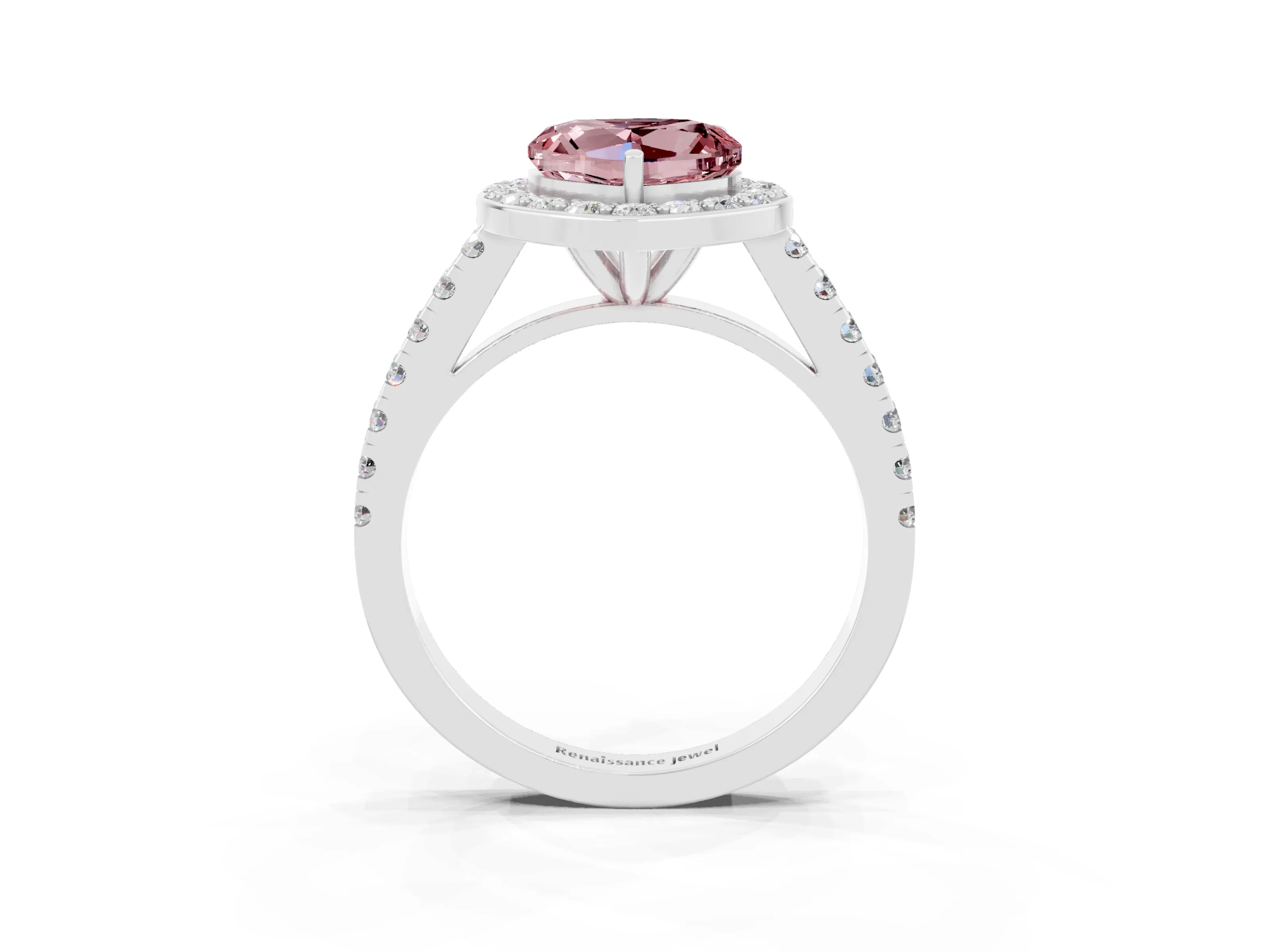 White gold Heart Cut Halo Diamond Ring with Pavé Band and Three-Prong Setting_3