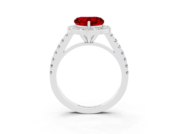 Silver Heart Cut Ruby Halo Ring with Round Pavé Split Shank and Prong Setting