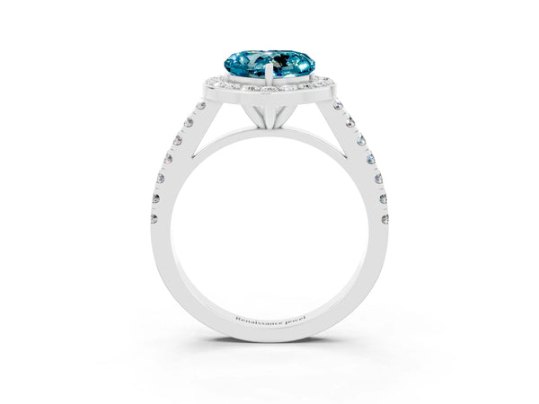 White gold Heart Cut Halo Diamond Ring with Pavé Band and Three-Prong Setting