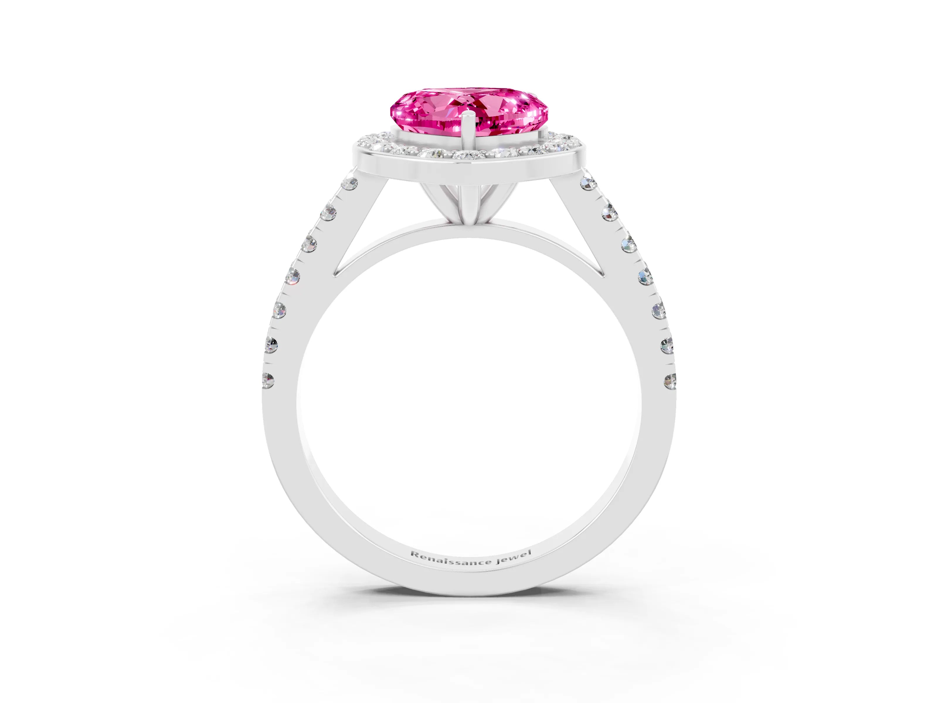 White gold Heart Cut Halo Diamond Ring with Pavé Band and Three-Prong Setting_3