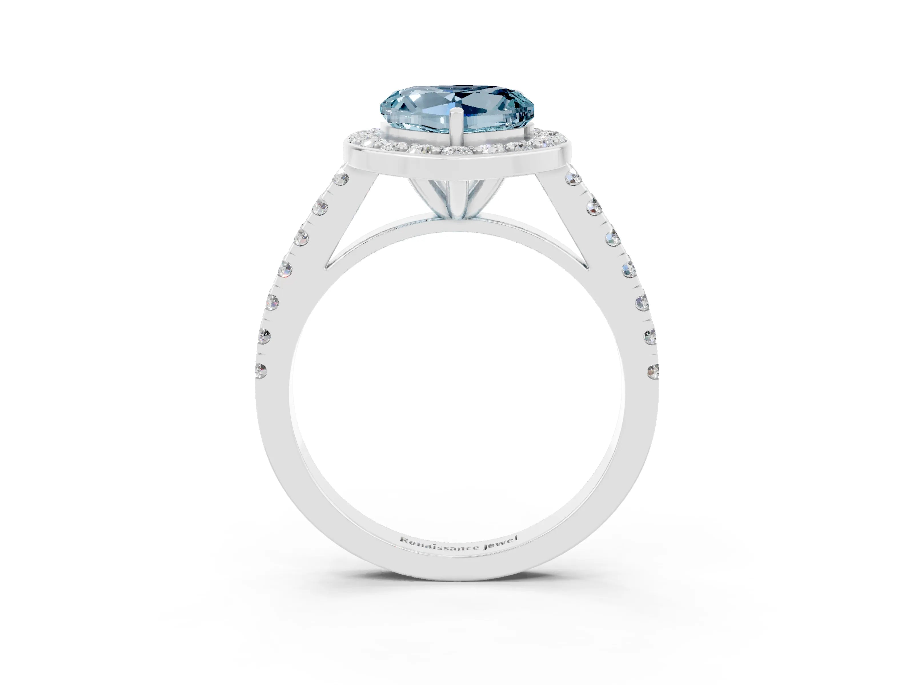 White gold Heart Cut Halo Diamond Ring with Pavé Band and Three-Prong Setting_3