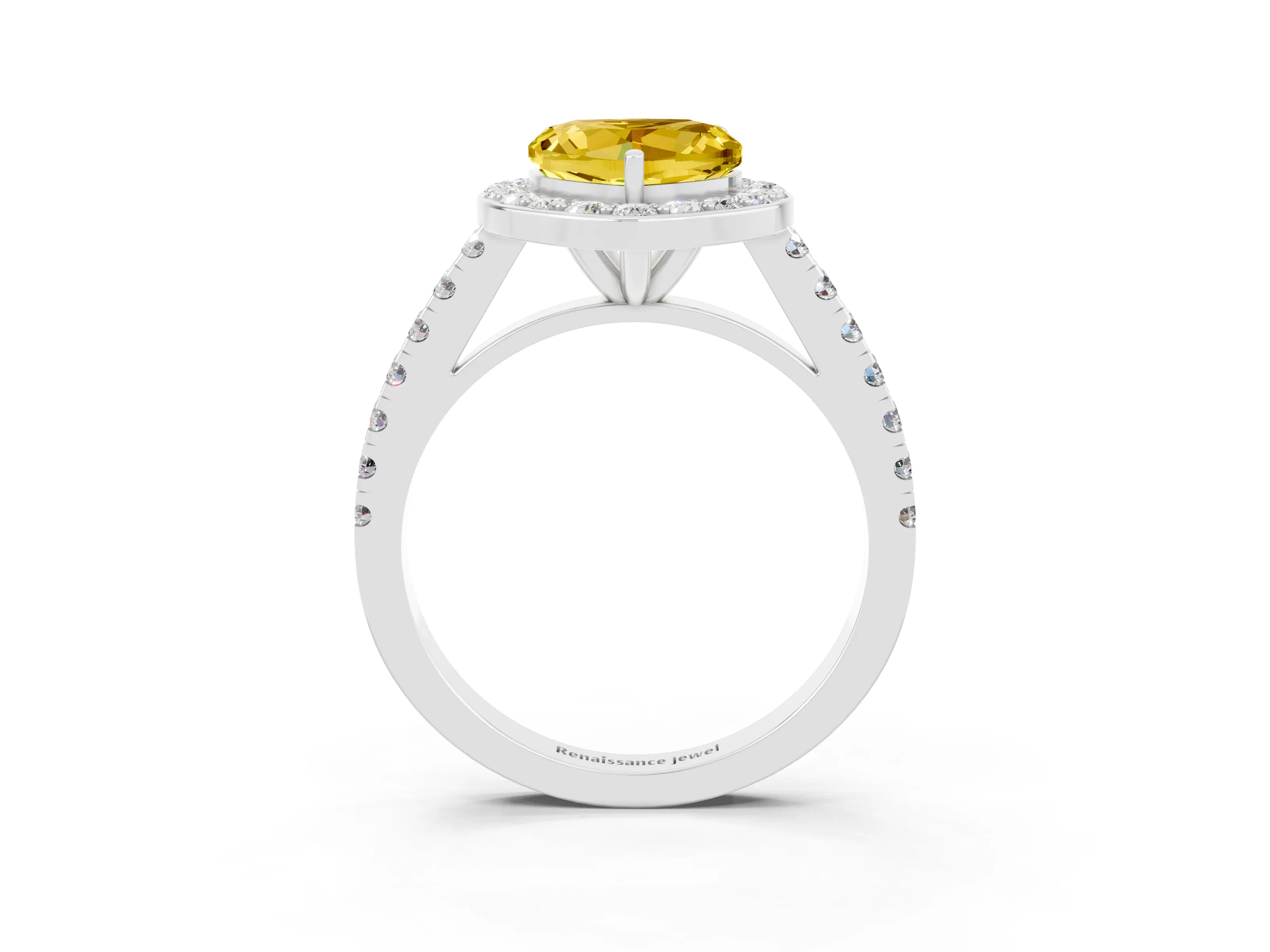 White gold Heart Cut Halo Diamond Ring with Pavé Band and Three-Prong Setting_3