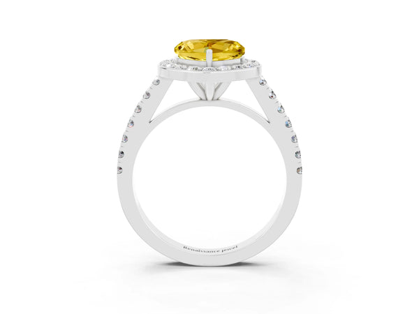 Silver Heart Cut Yellow Sapphire Halo Ring with Round Pavé Split Shank and Prong Setting