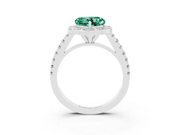 Silver Heart Cut Green Sapphire Halo Ring with Round Pavé Split Shank and Prong Setting