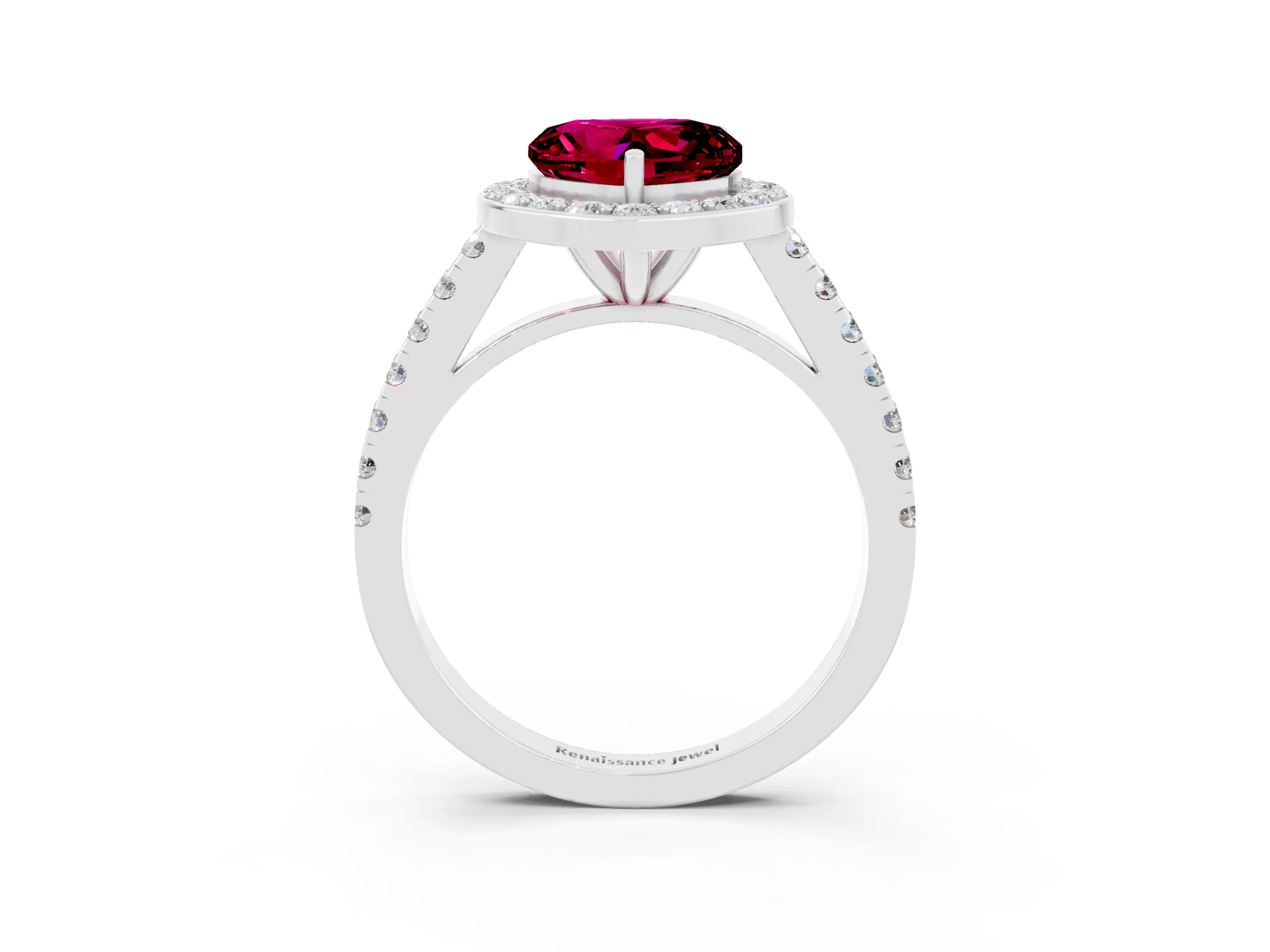 White gold Heart Cut Halo Diamond Ring with Pavé Band and Three-Prong Setting_3