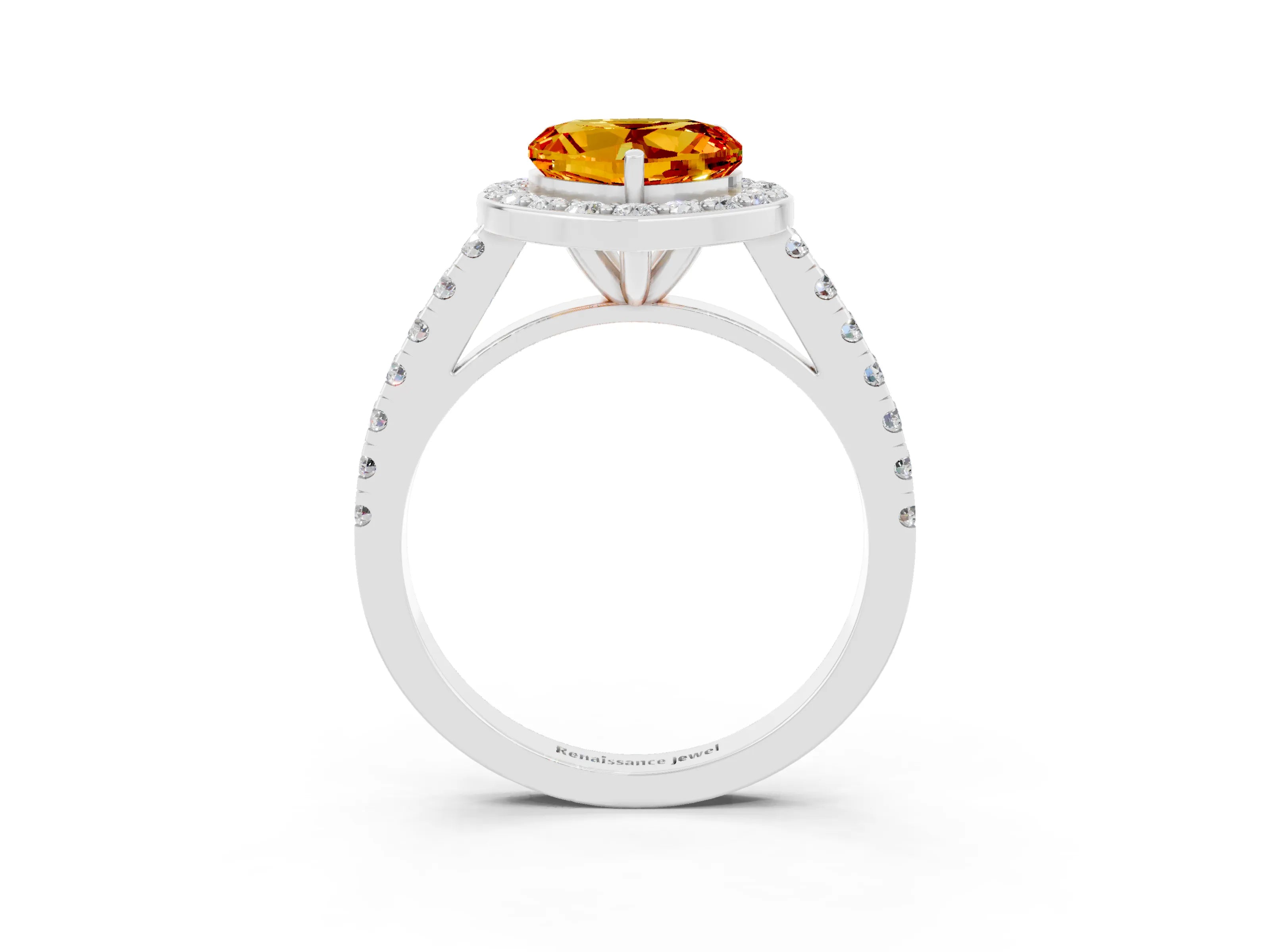 White gold Heart Cut Halo Diamond Ring with Pavé Band and Three-Prong Setting_3