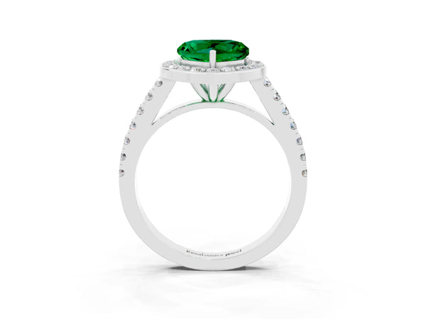 White gold Heart Cut Emerald Halo Ring with Round Pavé Split Shank and Prong Setting