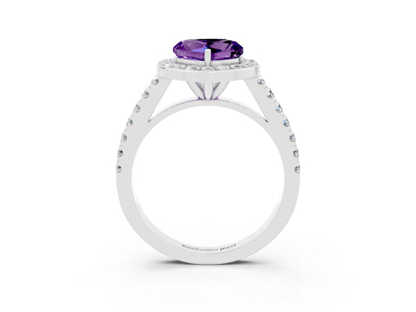 White gold Heart Cut Amethyst Halo Ring with Round Pavé Split Shank and Prong Setting