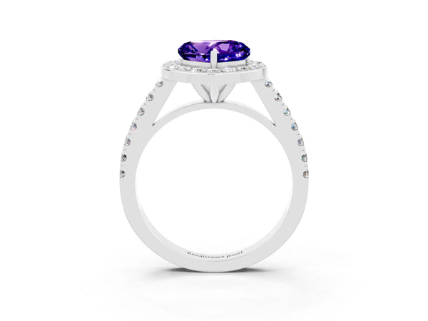 Platinum Heart Cut Tanzanite Halo Ring with Round Pavé Split Shank and Prong Setting