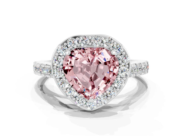 White gold Heart Cut Halo Diamond Ring with Pavé Band and Three-Prong Setting