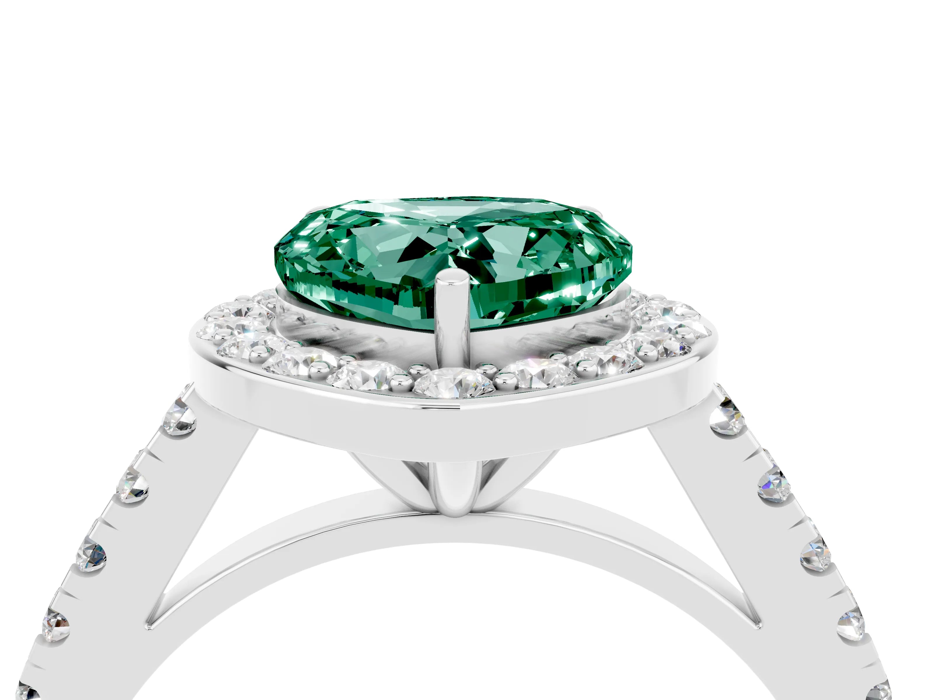 White gold Heart Cut Halo Diamond Ring with Pavé Band and Three-Prong Setting_4