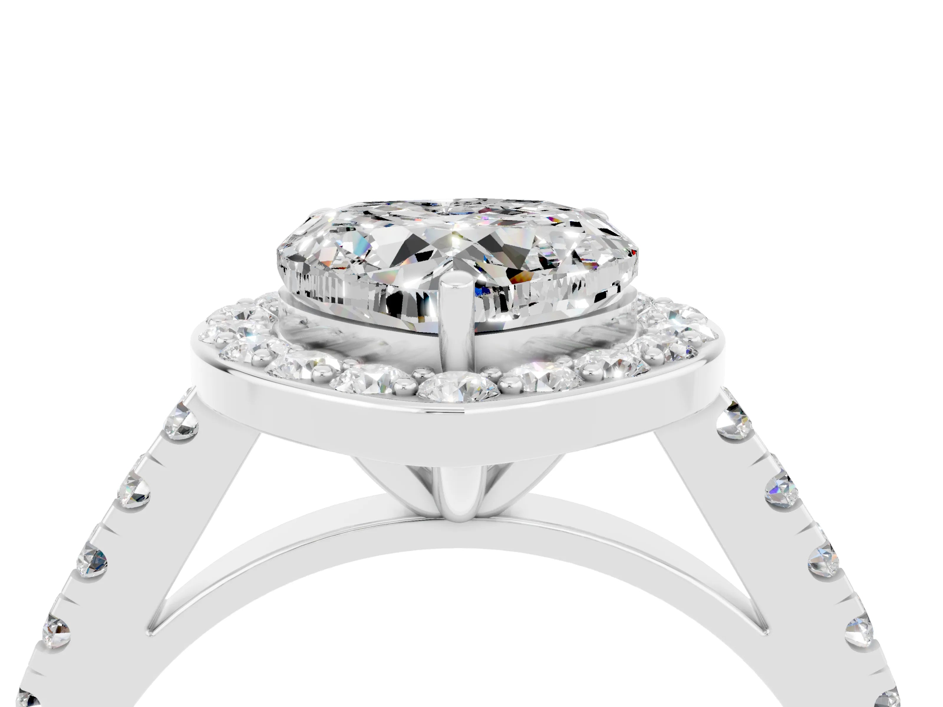 White gold Heart Cut Halo Diamond Ring with Pavé Band and Three-Prong Setting_4