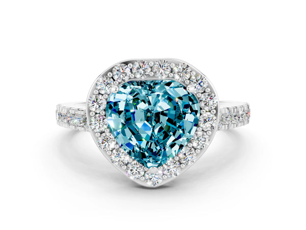 Platinum Heart Cut Halo Diamond Ring with Pavé Band and Three-Prong Setting
