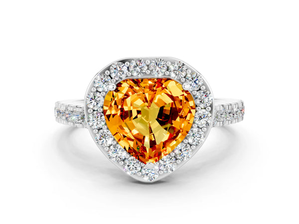 Platinum Heart Cut Citrine Halo Ring with Round Pavé Split Shank and Prong Setting
