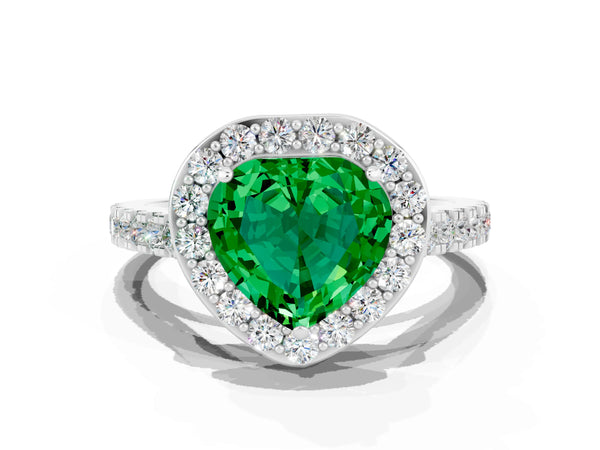 Platinum Heart Cut Emerald Halo Ring with Round Pavé Split Shank and Prong Setting