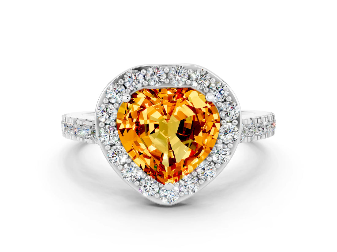 White gold Heart Cut Halo Diamond Ring with Pavé Band and Three-Prong Setting