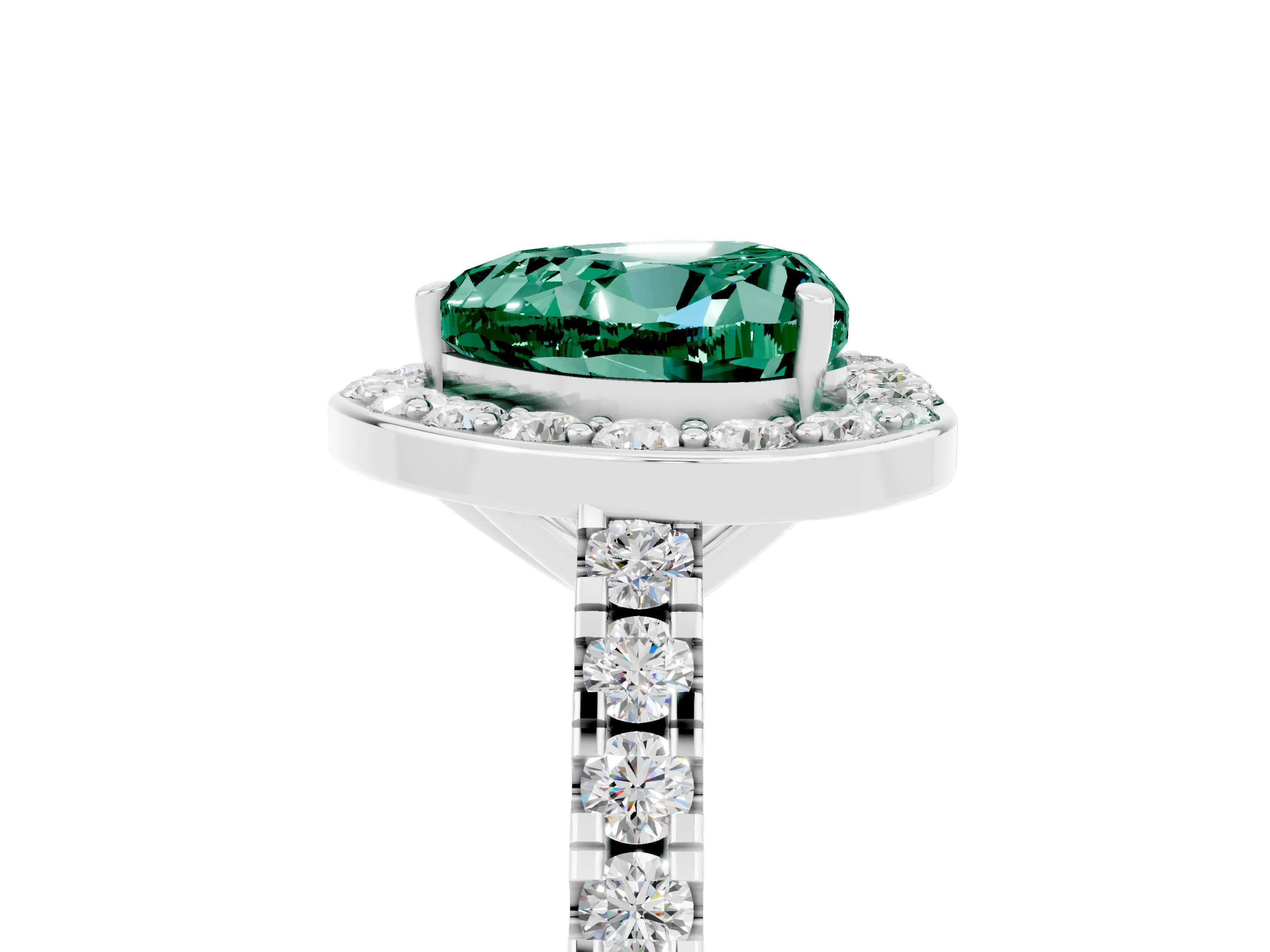 White gold Heart Cut Halo Diamond Ring with Pavé Band and Three-Prong Setting_5