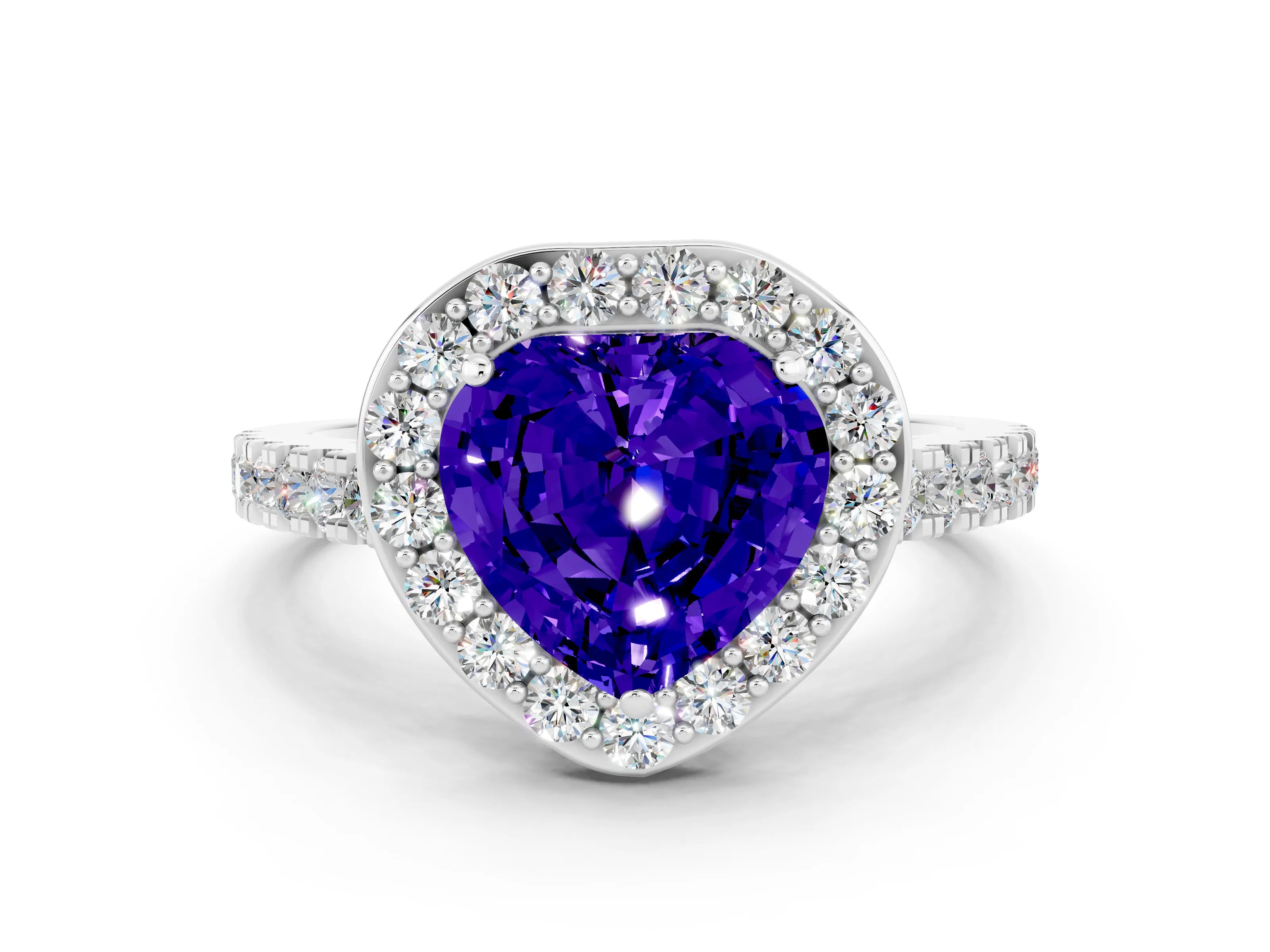 White gold Heart Cut Halo Diamond Ring with Pavé Band and Three-Prong Setting