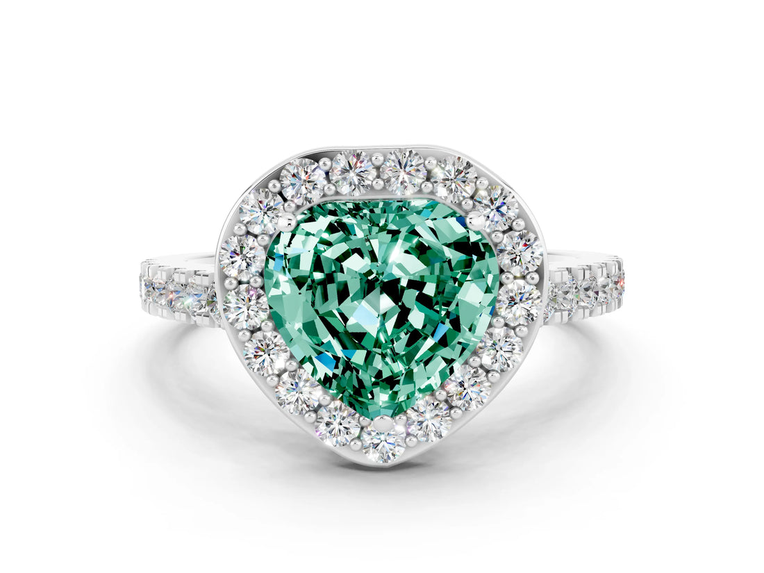 White gold Heart Cut Halo Diamond Ring with Pavé Band and Three-Prong Setting