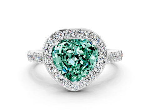 White gold Heart Cut Halo Diamond Ring with Pavé Band and Three-Prong Setting