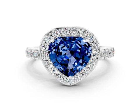 White gold Heart Cut Halo Diamond Ring with Pavé Band and Three-Prong Setting