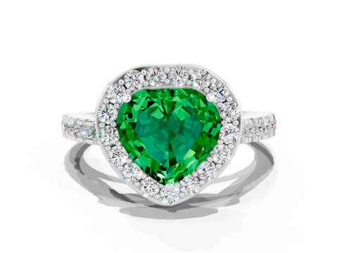 White gold Heart Cut Halo Diamond Ring with Pavé Band and Three-Prong Setting